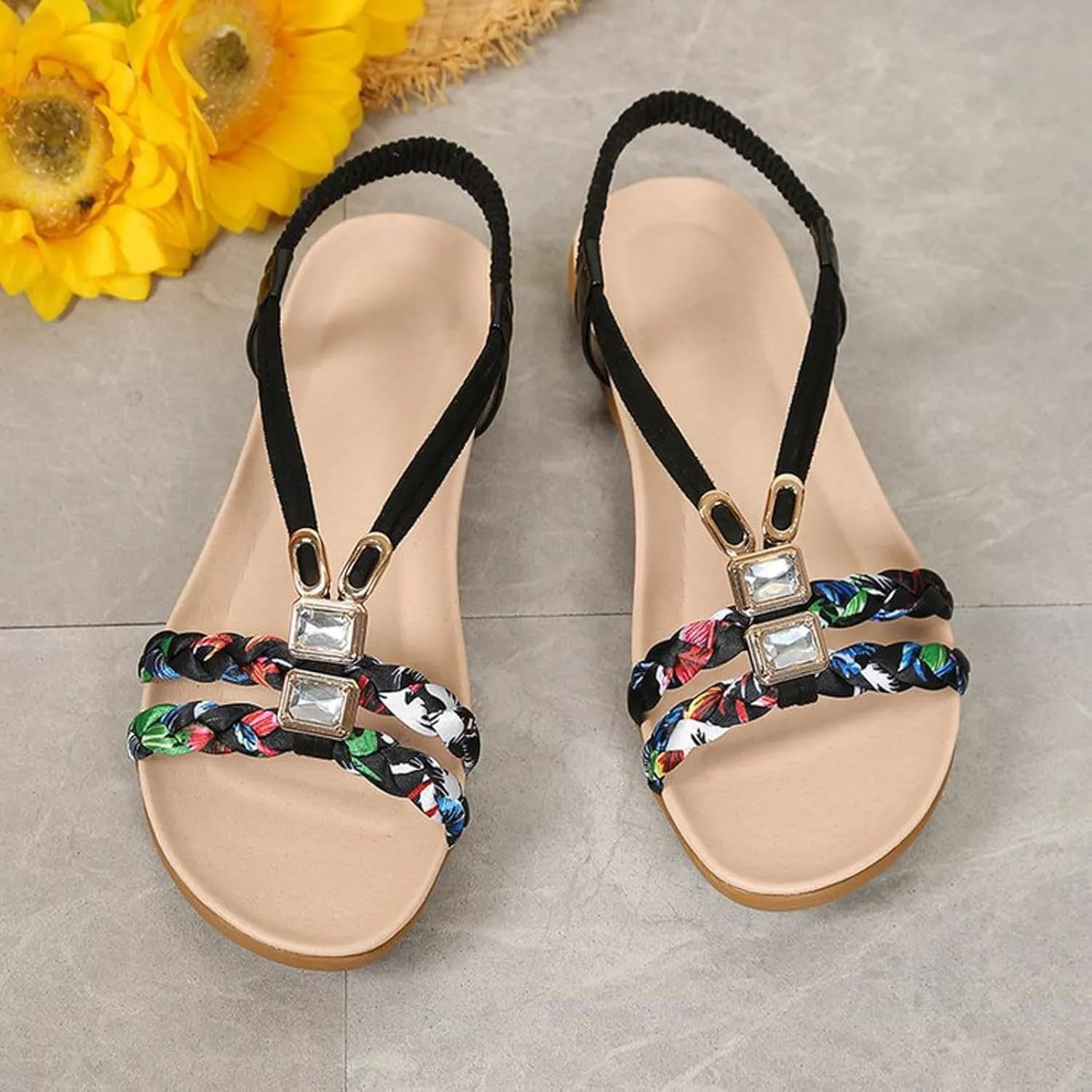 Flat Sandals for Women Comfortable Summer Dressy Bohemian Sandals for Women 2025 Open Toe Elastic Ankle Strap T-Strap Thong Sandal Casual Low Heel Soft Soles Lightweight Walking Sandal