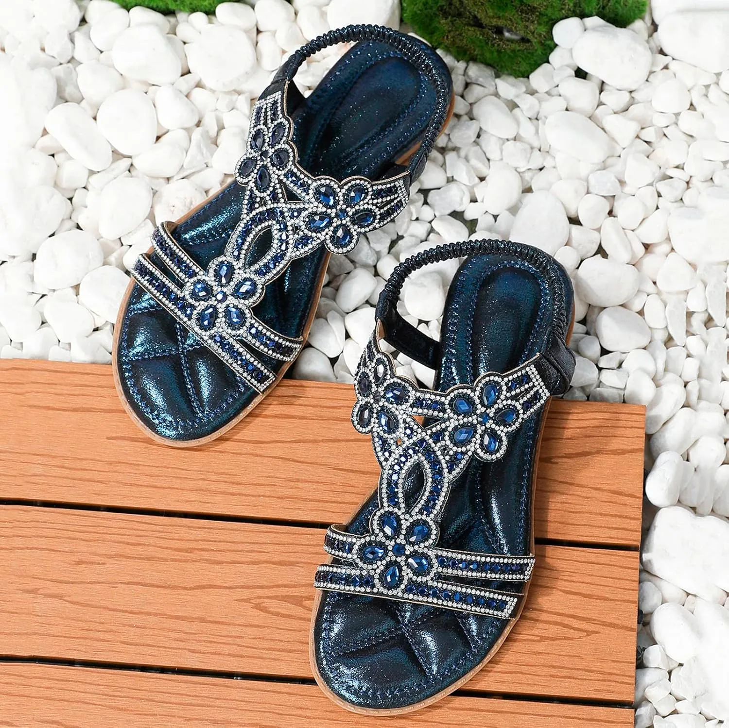 Flat Sandals for Women Dressy Summer Comfortable Casual Rhinestone Sandals T-Strap Non-Slip Open Toe Sandals with Elastic Band