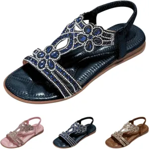 Flat Sandals for Women Dressy Summer Comfortable Casual Rhinestone Sandals T-Strap Non-Slip Open Toe Sandals with Elastic Band