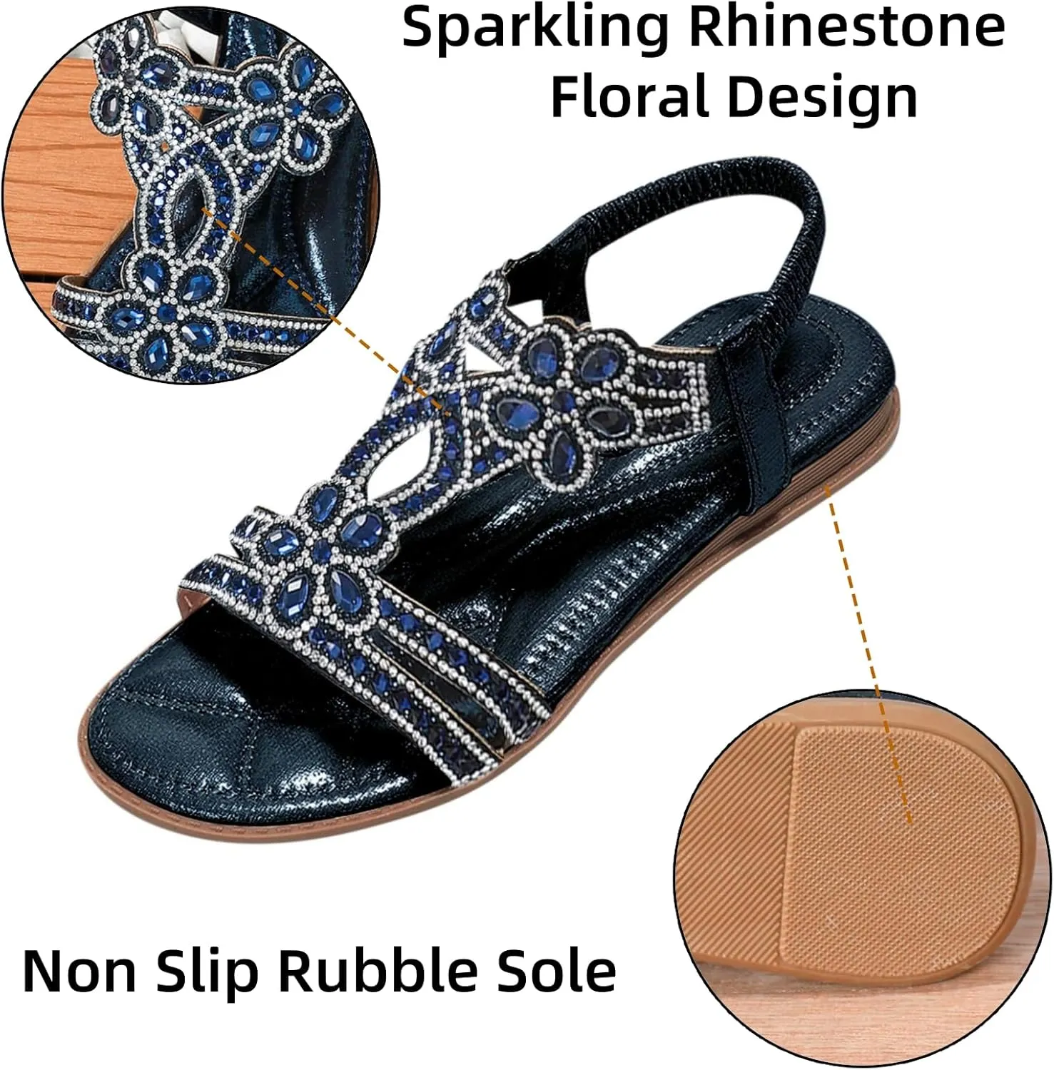 Flat Sandals for Women Dressy Summer Comfortable Casual Rhinestone Sandals T-Strap Non-Slip Open Toe Sandals with Elastic Band