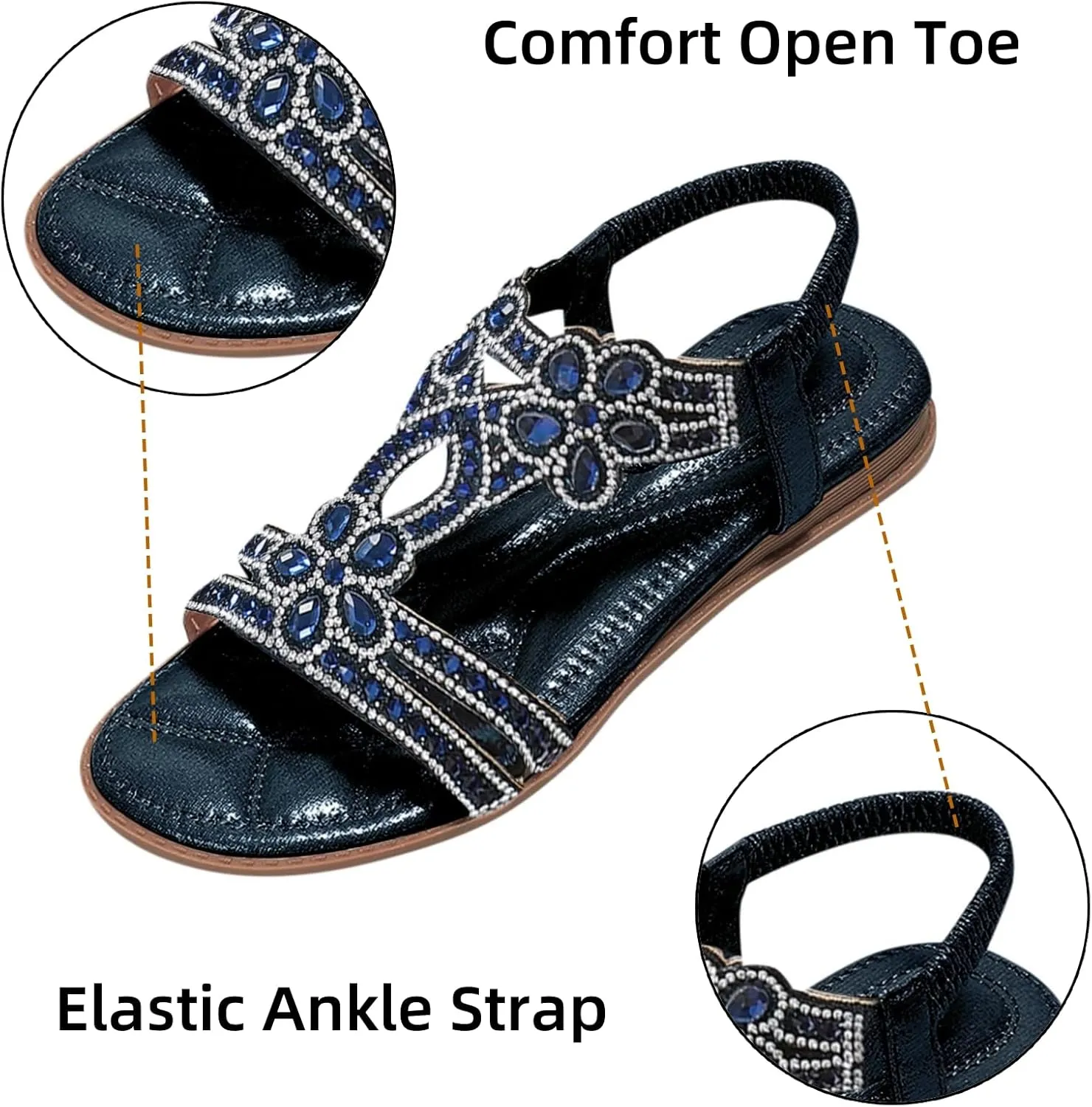 Flat Sandals for Women Dressy Summer Comfortable Casual Rhinestone Sandals T-Strap Non-Slip Open Toe Sandals with Elastic Band