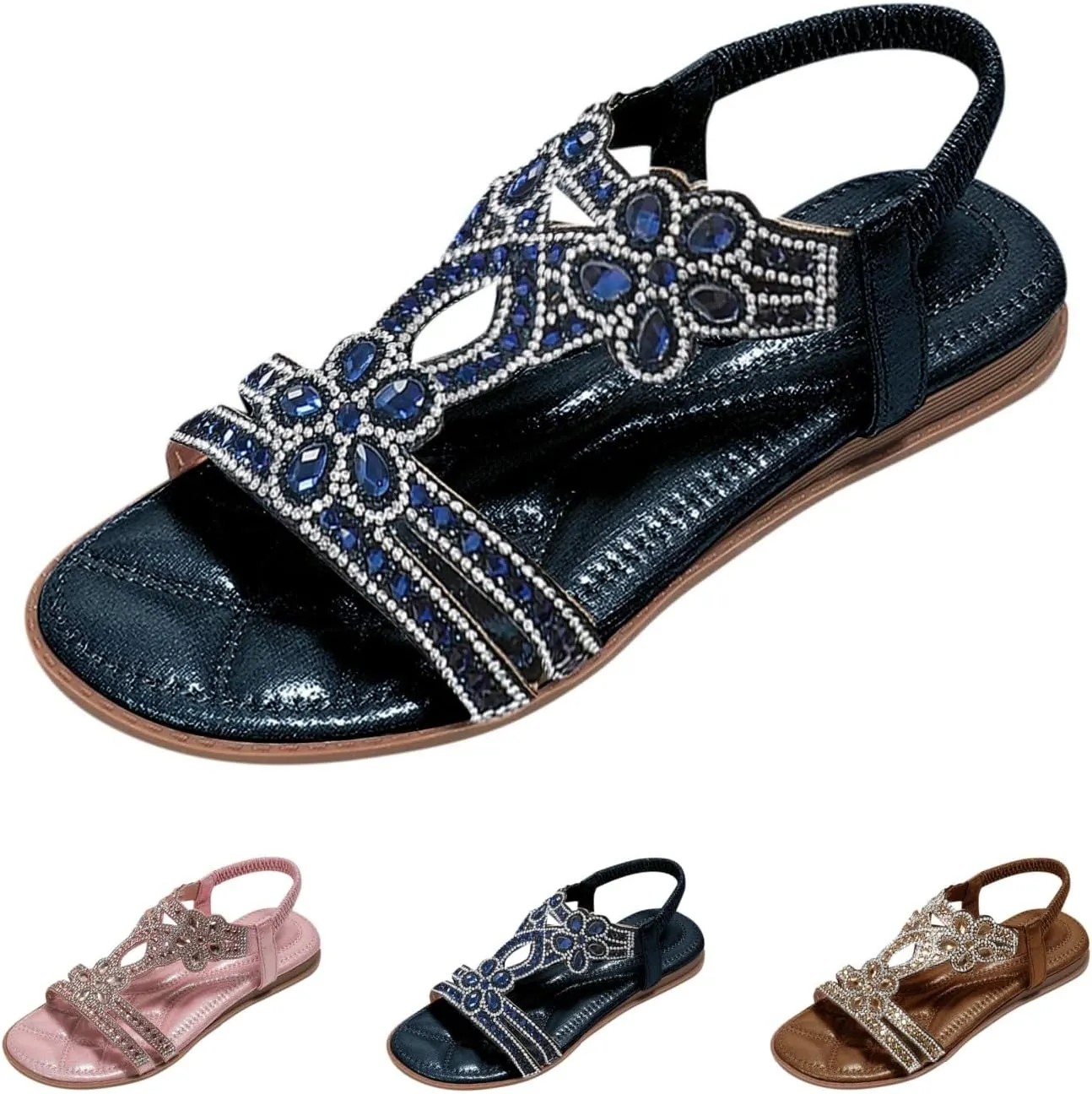 Flat Sandals for Women Dressy Summer Comfortable Casual Rhinestone Sandals T-Strap Non-Slip Open Toe Sandals with Elastic Band