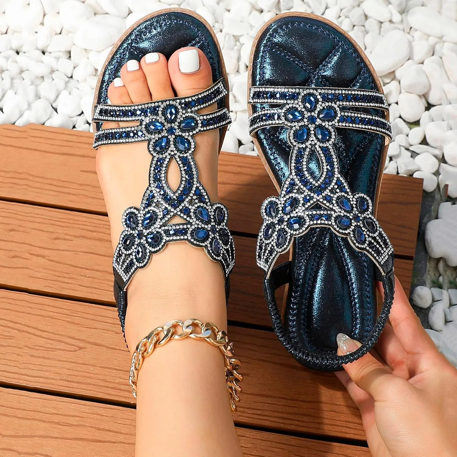Flat Sandals for Women Dressy Summer Comfortable Casual Rhinestone Sandals T-Strap Non-Slip Open Toe Sandals with Elastic Band
