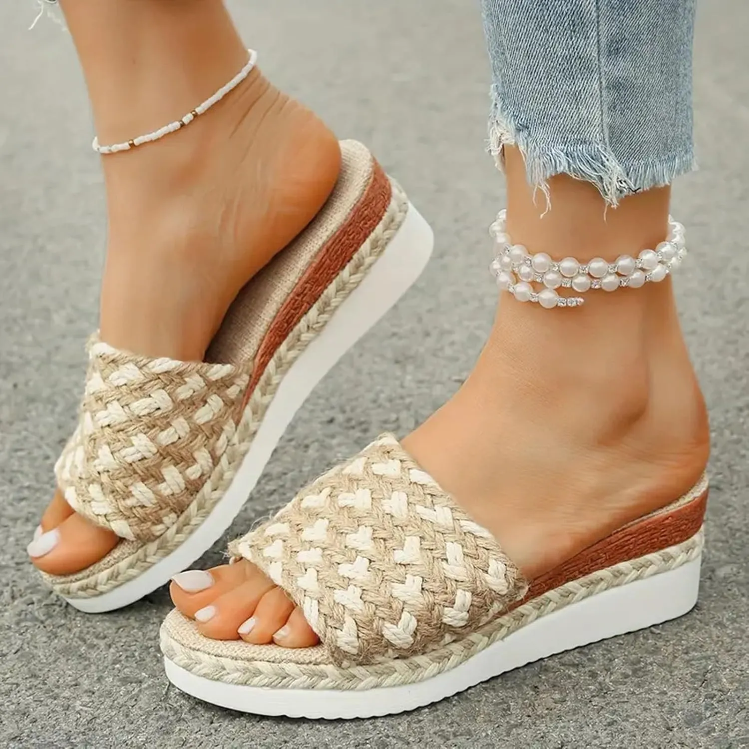 Flatform Open Toe Beach Sandals Rope Trim Sandals With Woven Straps Platform Wedge Heel Rope Sole Boho Toe Ring Slip On