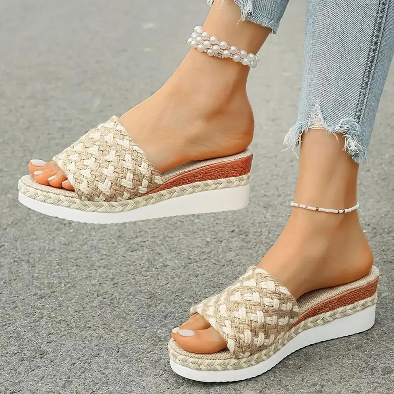 Flatform Open Toe Beach Sandals Rope Trim Sandals With Woven Straps Platform Wedge Heel Rope Sole Boho Toe Ring Slip On