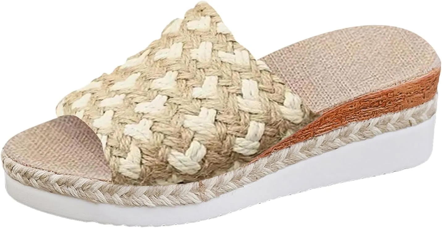 Flatform Open Toe Beach Sandals Rope Trim Sandals With Woven Straps Platform Wedge Heel Rope Sole Boho Toe Ring Slip On
