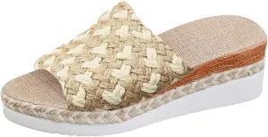 Flatform Open Toe Beach Sandals Rope Trim Sandals With Woven Straps Platform Wedge Heel Rope Sole Boho Toe Ring Slip On