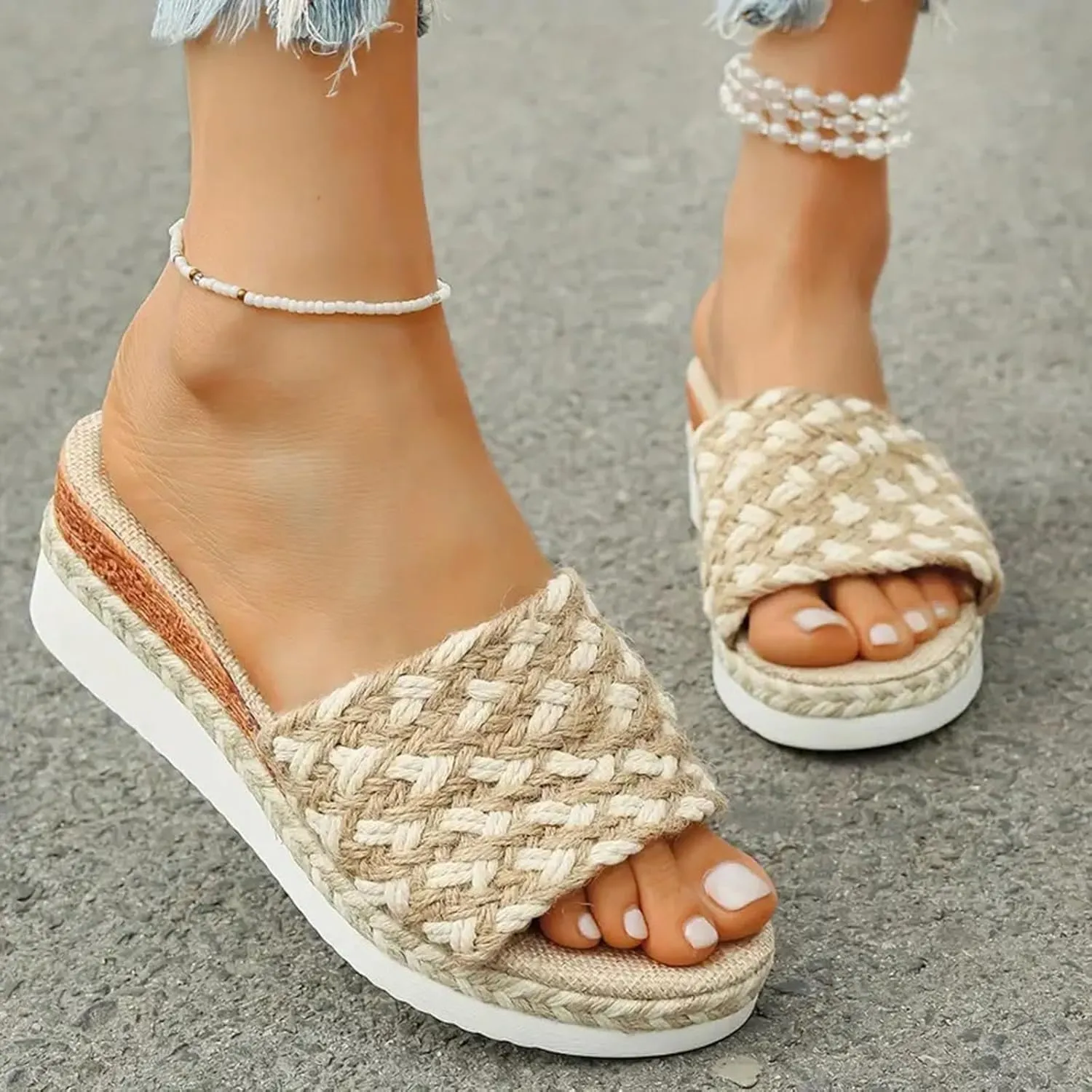 Flatform Open Toe Beach Sandals Rope Trim Sandals With Woven Straps Platform Wedge Heel Rope Sole Boho Toe Ring Slip On