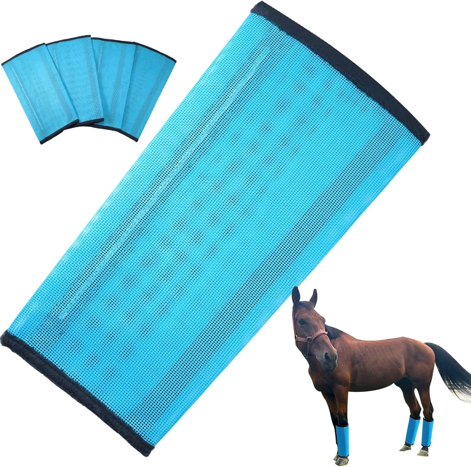 Fly Boots for Horses Set of 4, Breathable Fine Mesh Design with Soft Trimming for Comfort, Reduces Stomping, Hoof Damage, and Leg Fatigue (Blue/Medium)