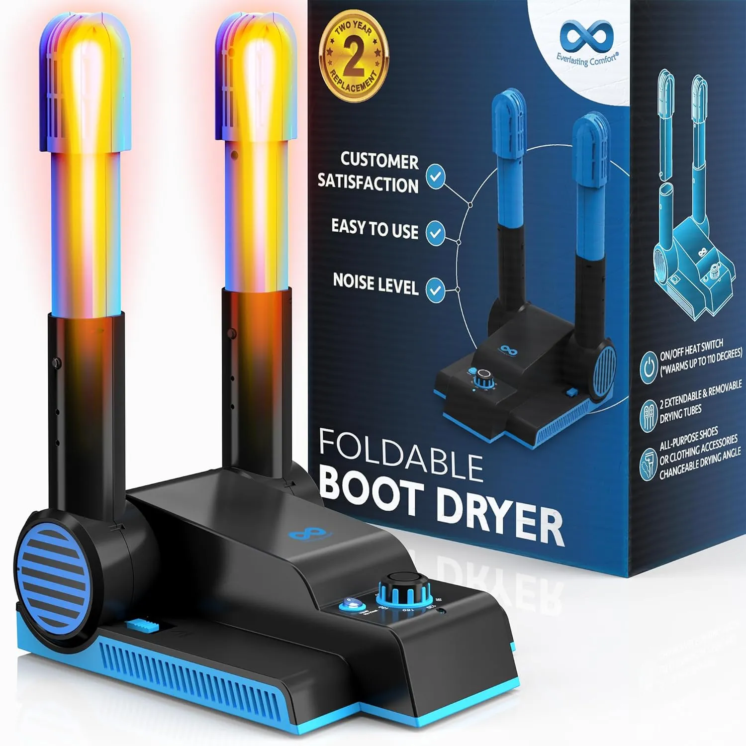 Foldable & Compact Boot Dryer & Boot Warmer with Timer, Fast 2-Hour Drying, Heavy-Duty Shoe Dryer for Work Boots, Sneakers, Gloves, Helmets & more – 2 Tube Design Everlasting Comfort