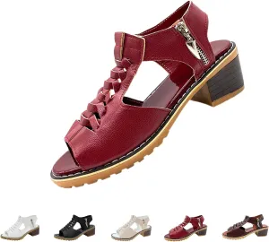 Funfany Peep Toe Cutout Zipper Chunky Heeled Sandals, Women's Comfy Orthotic Sandals, Summer Ultra-Comfy Wedge Sandal
