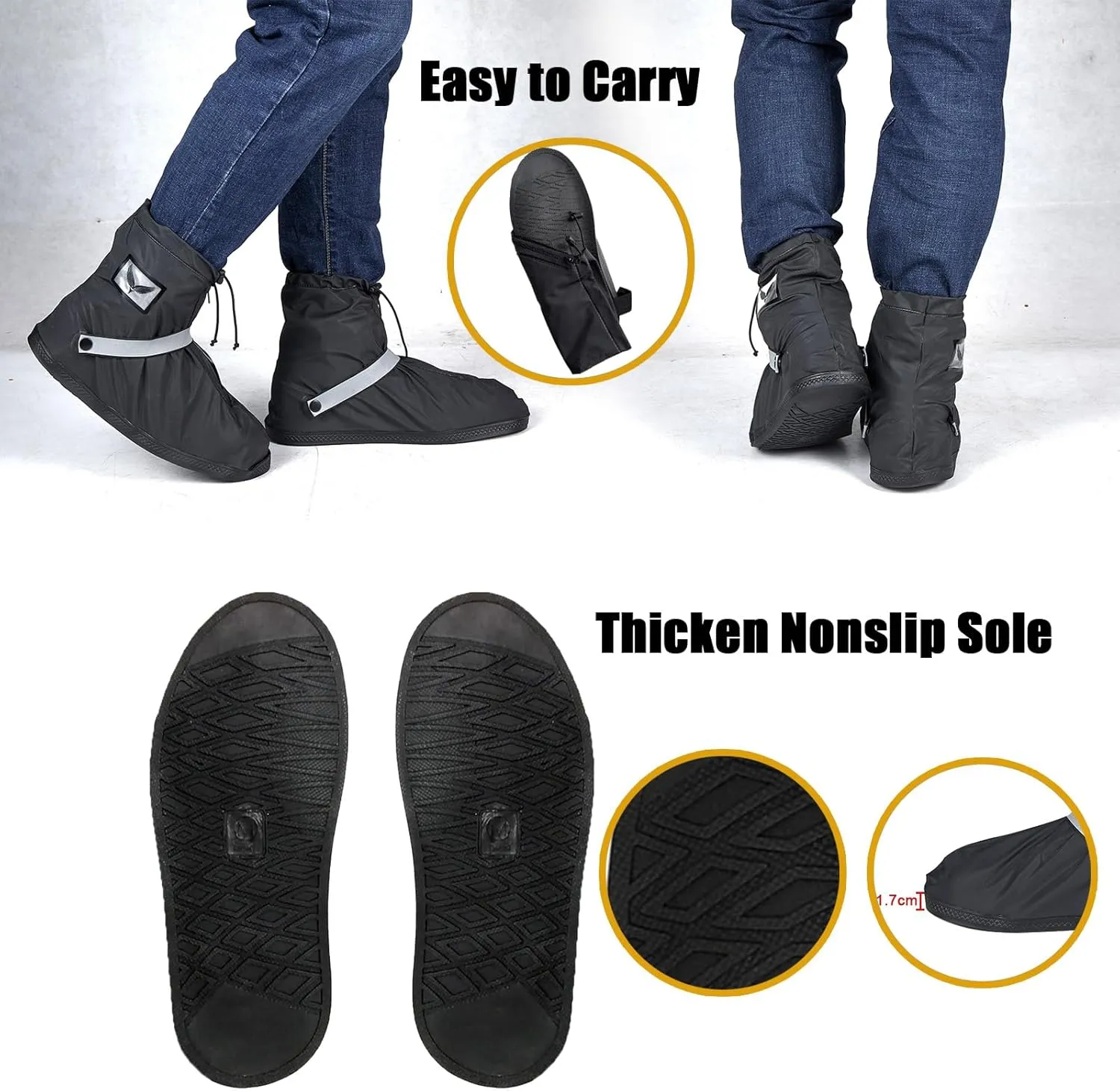 GARGOYLE BELLS Waterproof Rain Cover Boot Non-Slip Shoe Covers with Zipper and Reflector Heavy Duty Reusable Rain Boots for Men Women