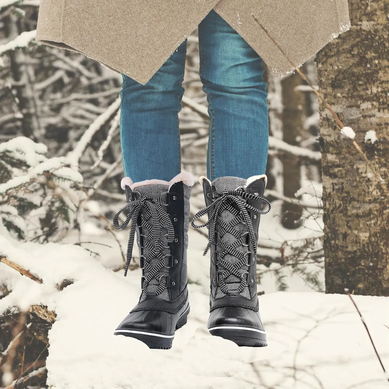 GAWBAW Women's Mid-Calf Waterproof Winter Snow Boots - Warm Faux Fur Lined Duck Boots Cold Weather Lace Up Fashion Boots