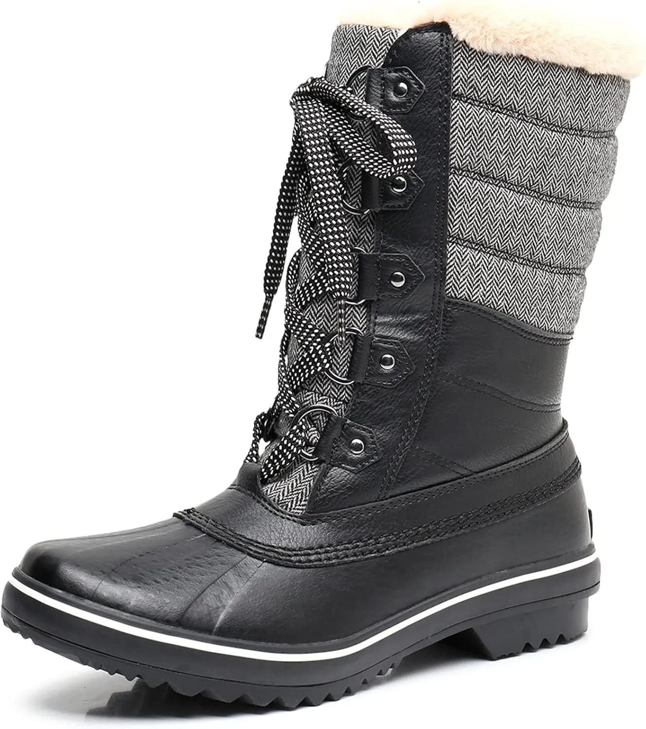 GAWBAW Women's Mid-Calf Waterproof Winter Snow Boots - Warm Faux Fur Lined Duck Boots Cold Weather Lace Up Fashion Boots