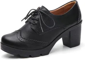GORBINETI Women Oxfords Brogue Round Toe Pumps Vintage Platform Chunky Mid Heel Lace Up Dress Pump Shoes