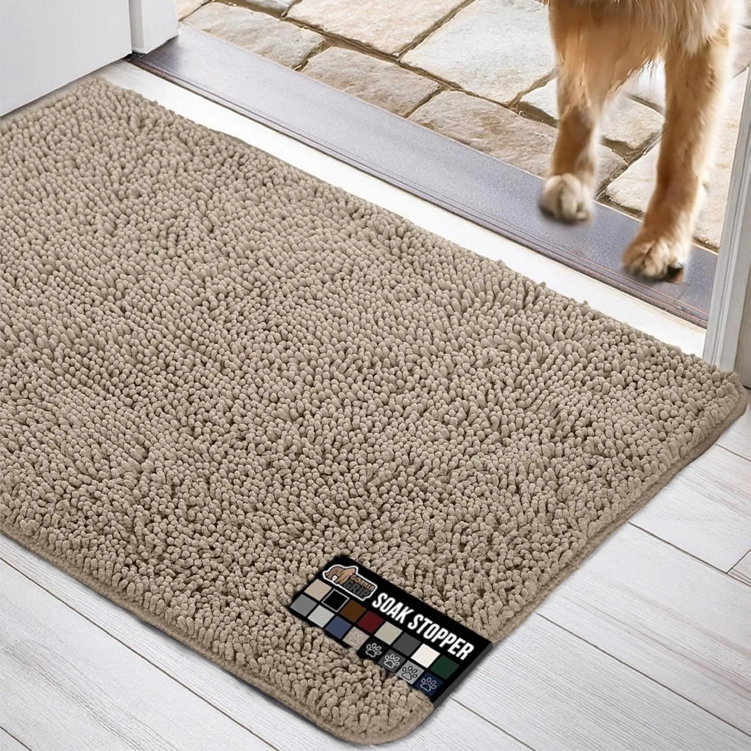 GORILLA GRIP Ultra Absorbent Grippy Doormat for Muddy Dog Paws, 60x36 Machine Washable Soakstopper Rugs Cleaner Floors, Bed Mat for Dirty Dogs, Indoor Entrance Door Rug Pet Bed Mats Beige