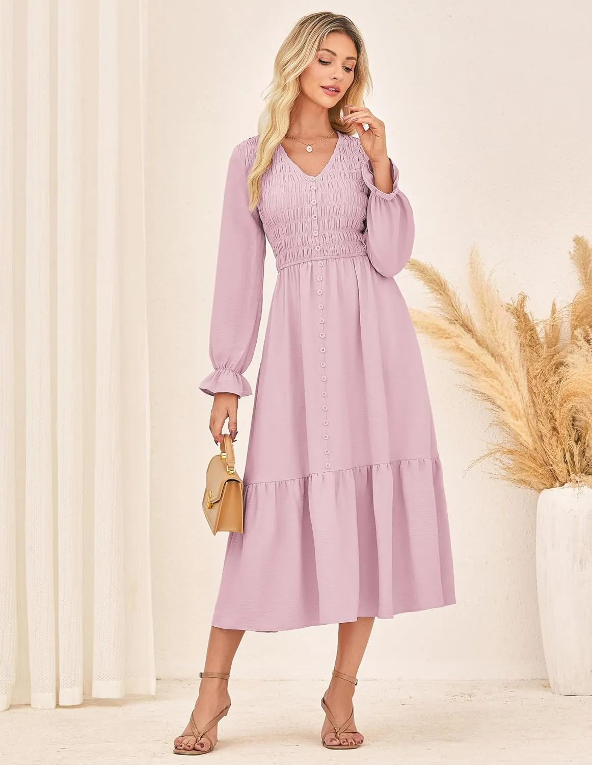 GRACE KARIN Women's 2025 Fall Long Sleeve Maxi Dresses Smocked V Neck Flowy Casual Dress with Pockets Wedding Guest