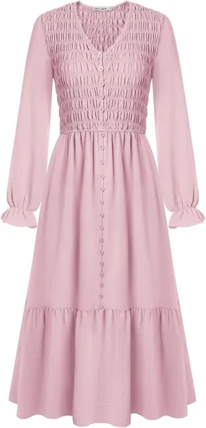 GRACE KARIN Women's 2025 Fall Long Sleeve Maxi Dresses Smocked V Neck Flowy Casual Dress with Pockets Wedding Guest