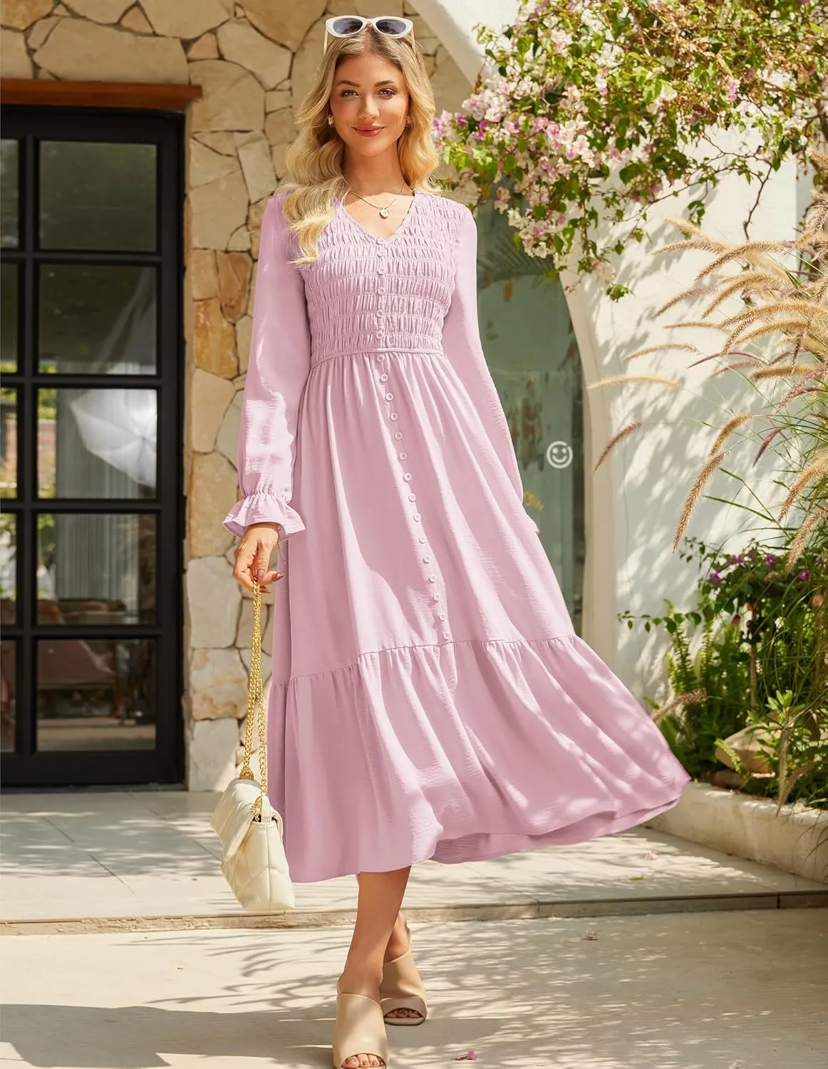 GRACE KARIN Women's 2025 Fall Long Sleeve Maxi Dresses Smocked V Neck Flowy Casual Dress with Pockets Wedding Guest