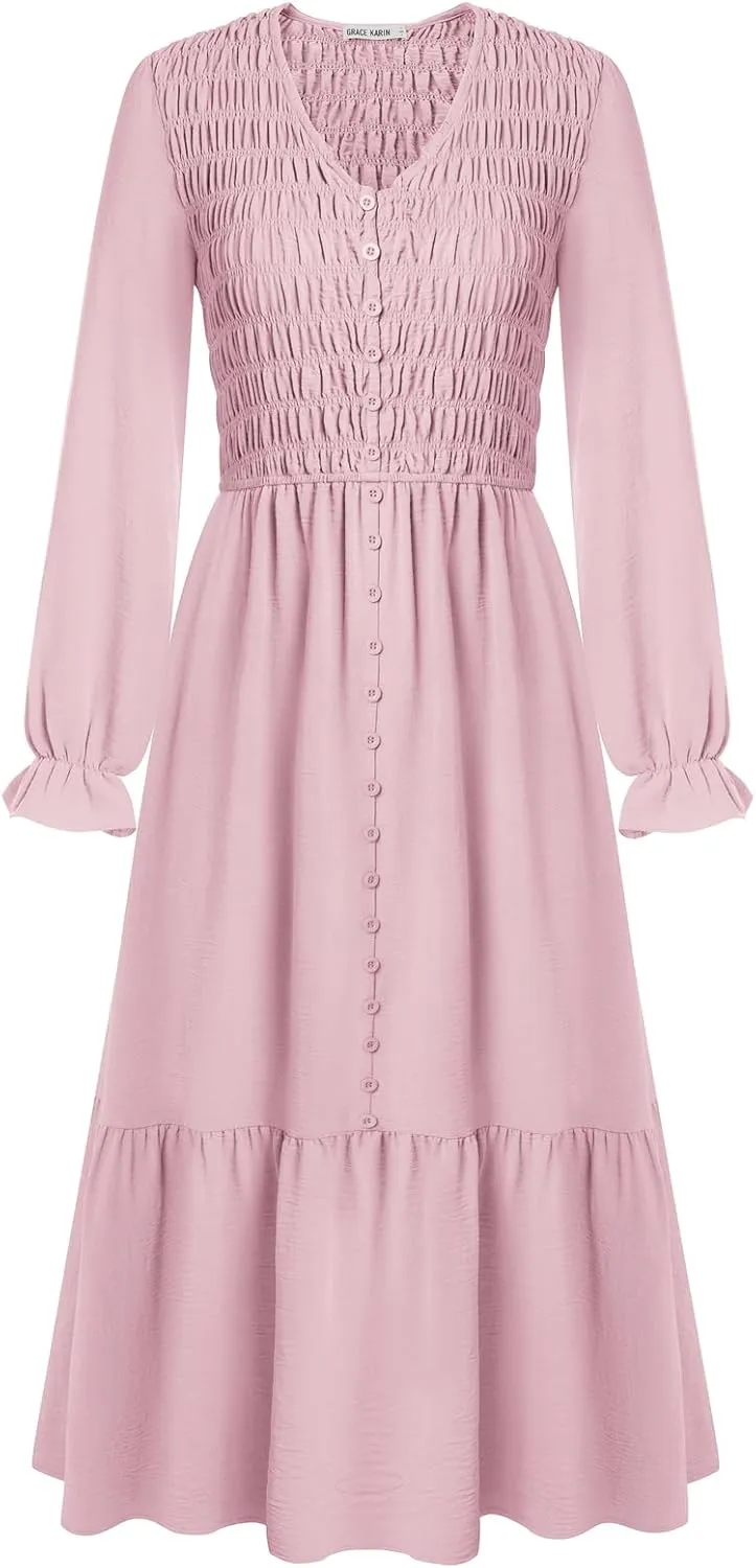 GRACE KARIN Women's 2025 Fall Long Sleeve Maxi Dresses Smocked V Neck Flowy Casual Dress with Pockets Wedding Guest