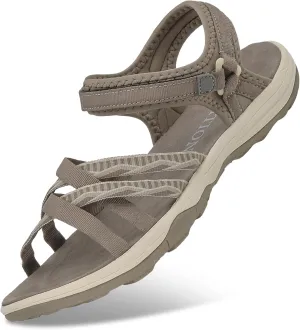 GRITION Women Hiking Sandals Outdoor Girl Sport Summer Flat Beach Water Shoes Open Toe Adjustable Walking Shoes (6.5 US, Brown)