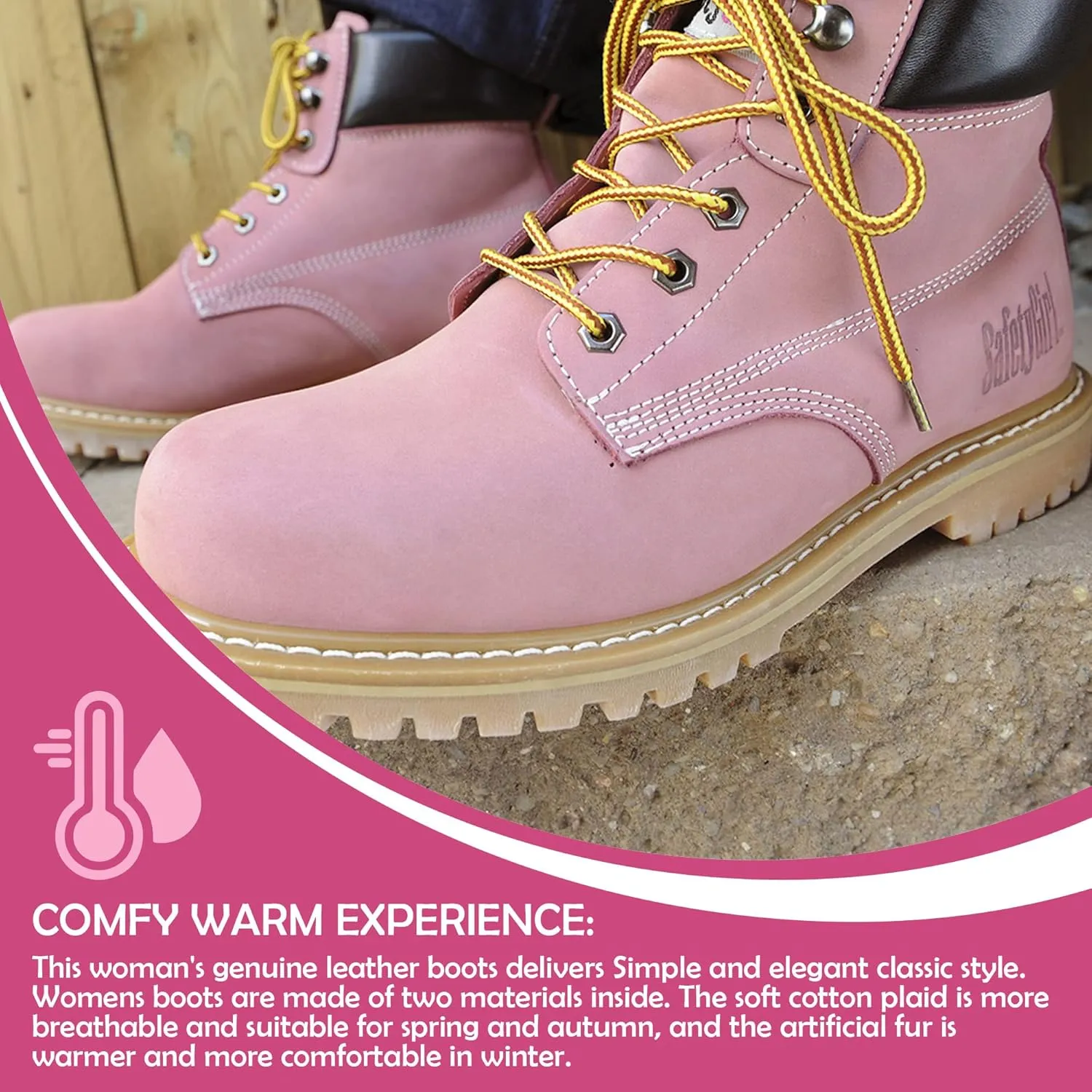 GS003-Lt Pink-8W Steel Toe Work Boots - Light Pink - 8W, English, Capacity, Volume, Leather, 8W, Pink ()