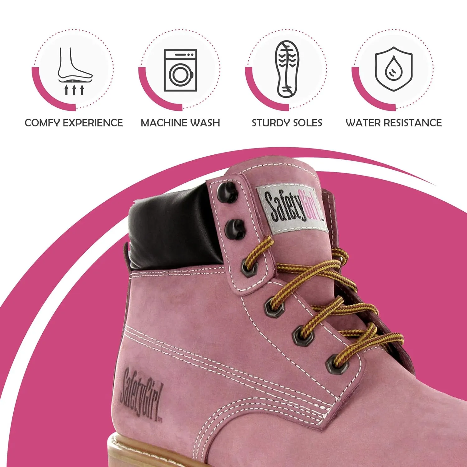 GS003-Lt Pink-8W Steel Toe Work Boots - Light Pink - 8W, English, Capacity, Volume, Leather, 8W, Pink ()