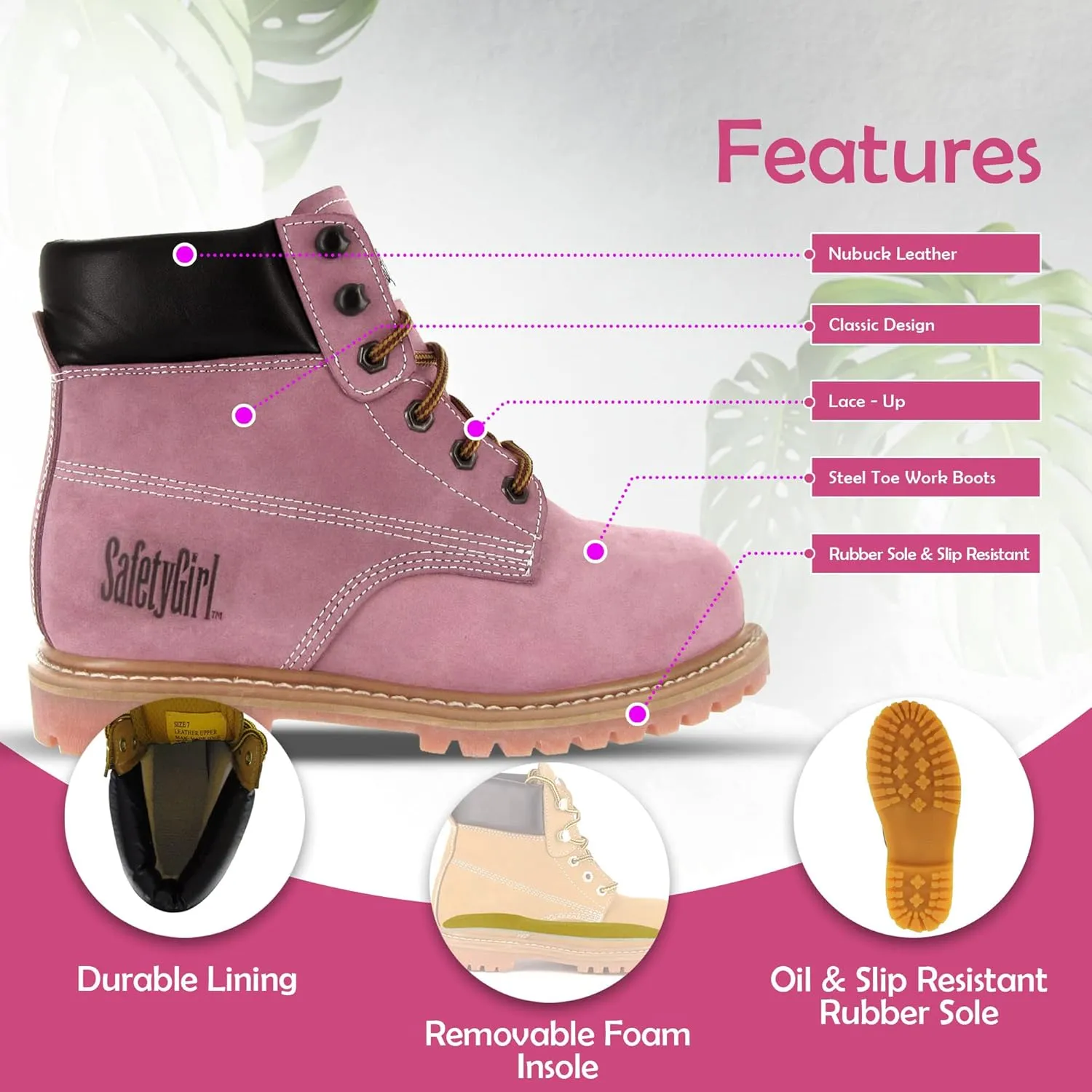 GS003-Lt Pink-8W Steel Toe Work Boots - Light Pink - 8W, English, Capacity, Volume, Leather, 8W, Pink ()