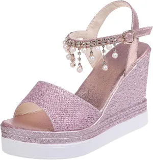 GUNIYIFS Womens Wedge Platform Sandal Summer Espadrilles Flatform Casual Sandal Dressy with Pearl Open Toe High Heels Sandals