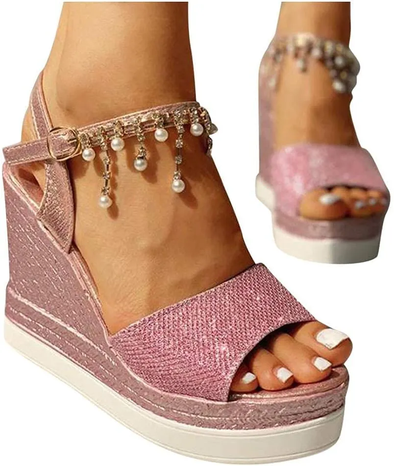 GUNIYIFS Womens Wedge Platform Sandal Summer Espadrilles Flatform Casual Sandal Dressy with Pearl Open Toe High Heels Sandals