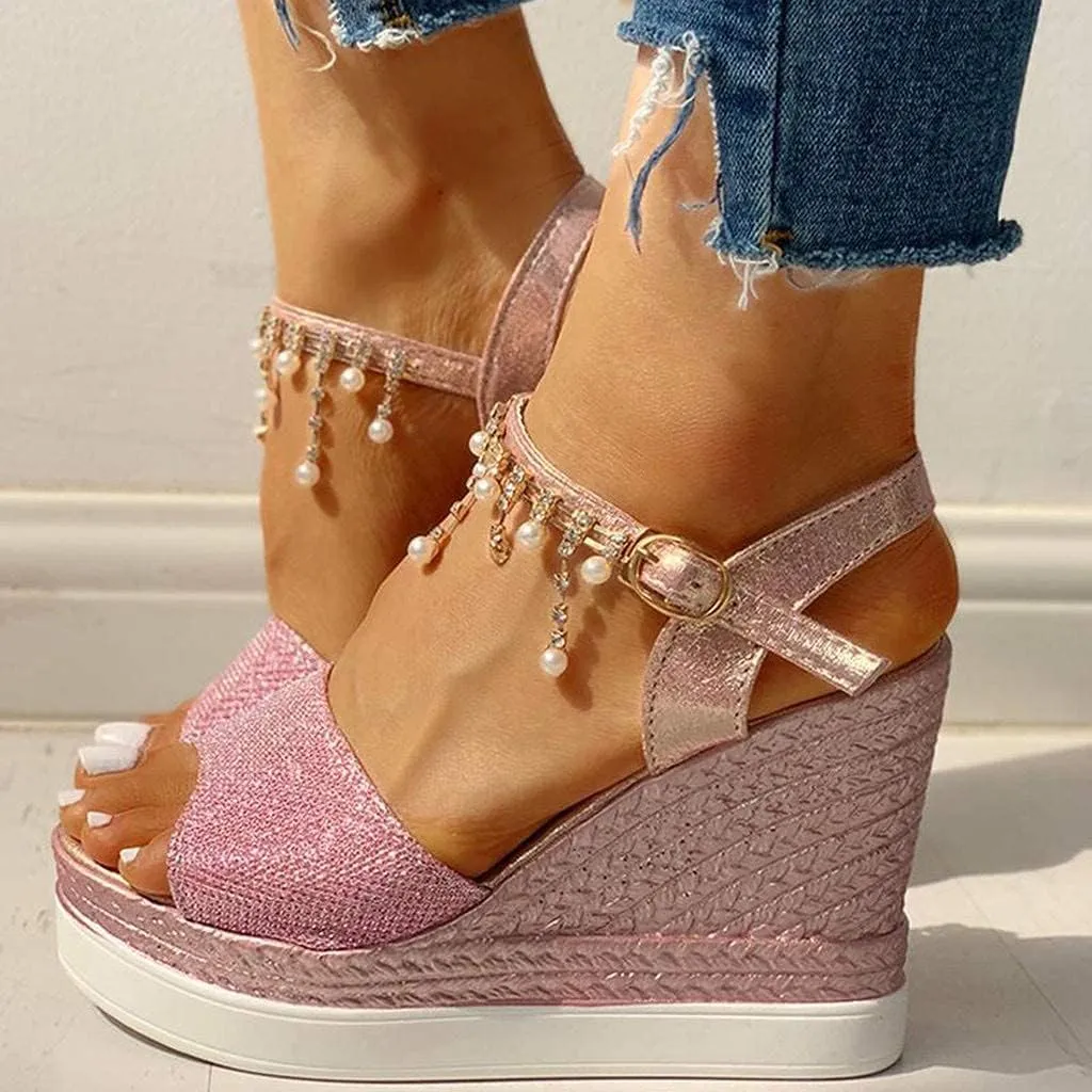 GUNIYIFS Womens Wedge Platform Sandal Summer Espadrilles Flatform Casual Sandal Dressy with Pearl Open Toe High Heels Sandals