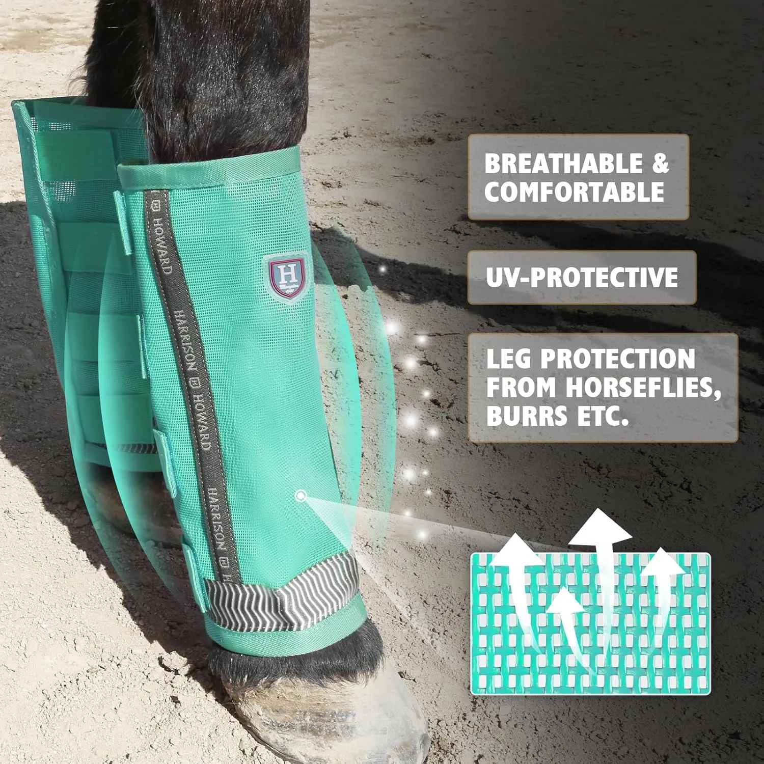 Harrison Howard Loose-Fitting Horse Fly Boots UV-Protective, Breathable Fine Mesh Leggins Stay-on Comfortable Fly Boots with Reflective Strips for Extra Safety (Set of 4) Mint Cob (Medium)