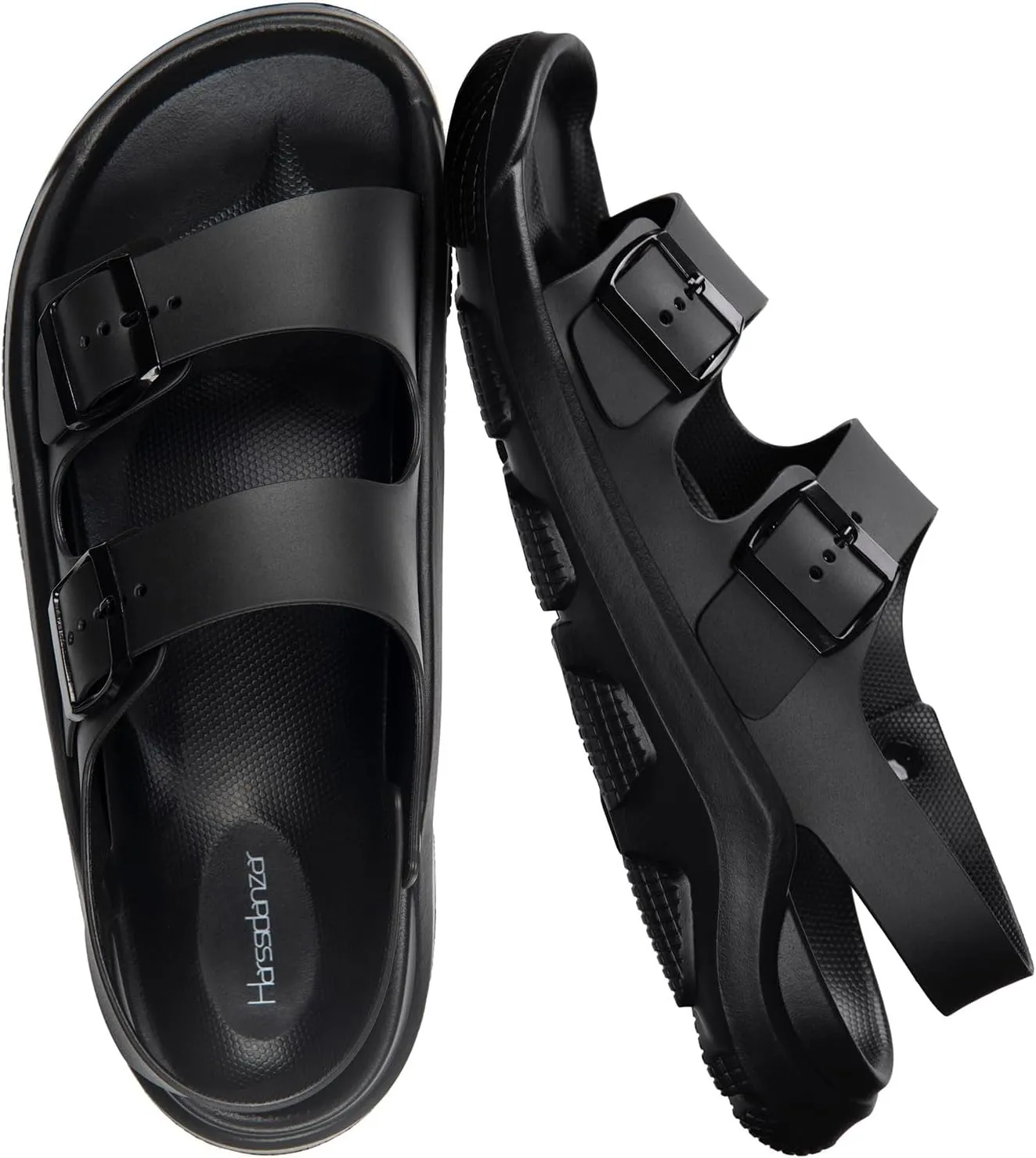 Harssidanzar Summer Mens Sandals Double Buckle Adjustable Slides Flat Beach Sandals KM242US