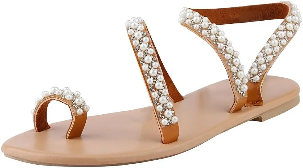 Hbeylia Sandals for Women Wedding,Womens Fashion Rhinestones Floral Pearl Lace Bohemian Jewelry Toe Ring Wedding Flat Sandals Dressy Summer Beach Gladiator Sandals Size 6
