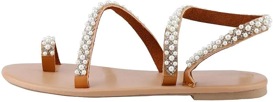 Hbeylia Sandals for Women Wedding,Womens Fashion Rhinestones Floral Pearl Lace Bohemian Jewelry Toe Ring Wedding Flat Sandals Dressy Summer Beach Gladiator Sandals Size 6