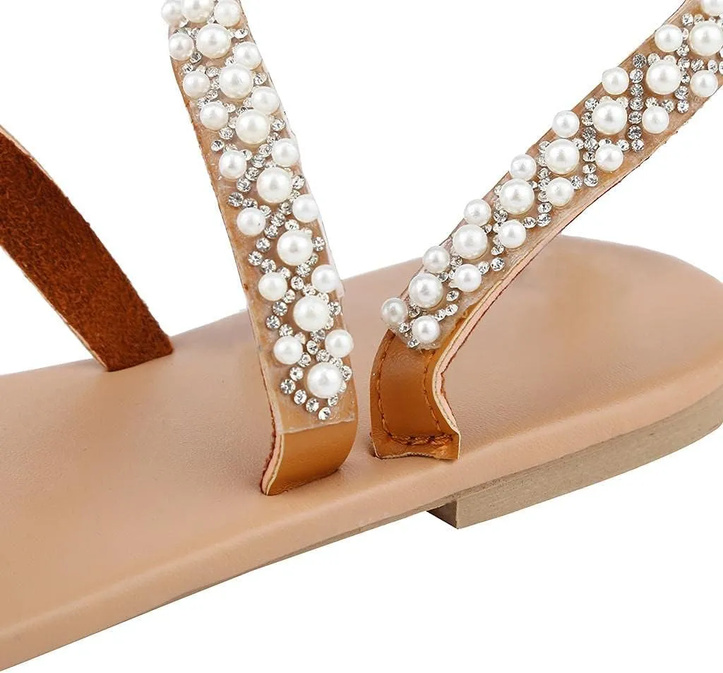 Hbeylia Sandals for Women Wedding,Womens Fashion Rhinestones Floral Pearl Lace Bohemian Jewelry Toe Ring Wedding Flat Sandals Dressy Summer Beach Gladiator Sandals Size 6