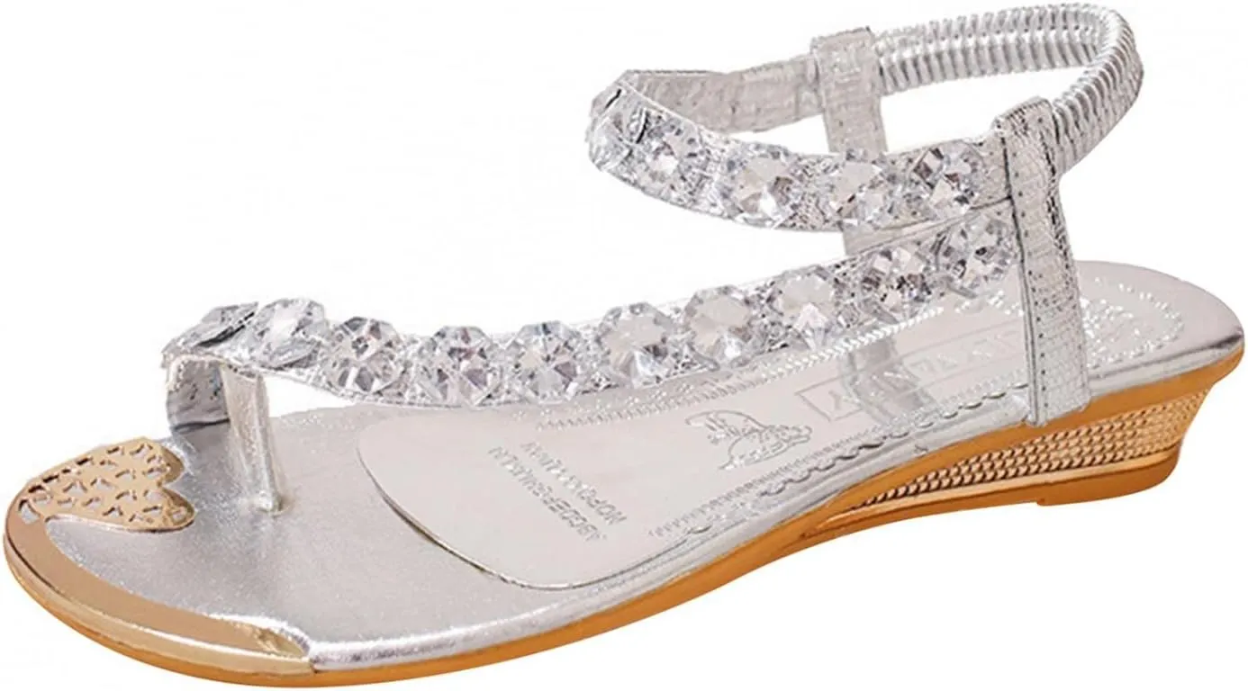Hbeylia Sandals for Women Wedding,Womens Fashion Rhinestones Floral Pearl Lace Bohemian Jewelry Toe Ring Wedding Flat Sandals Dressy Summer Beach Gladiator Sandals Size 6