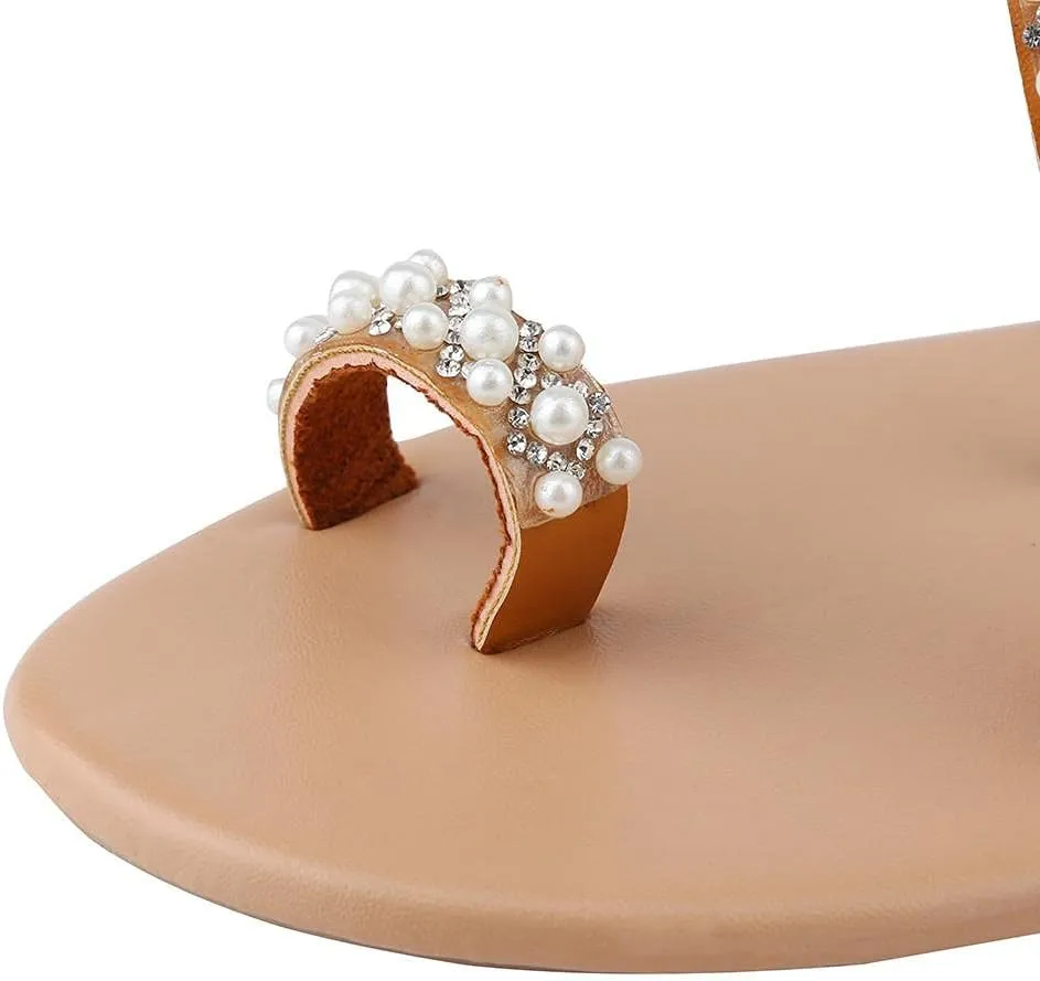 Hbeylia Sandals for Women Wedding,Womens Fashion Rhinestones Floral Pearl Lace Bohemian Jewelry Toe Ring Wedding Flat Sandals Dressy Summer Beach Gladiator Sandals Size 6