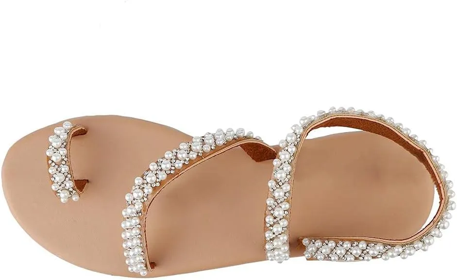 Hbeylia Sandals for Women Wedding,Womens Fashion Rhinestones Floral Pearl Lace Bohemian Jewelry Toe Ring Wedding Flat Sandals Dressy Summer Beach Gladiator Sandals Size 6