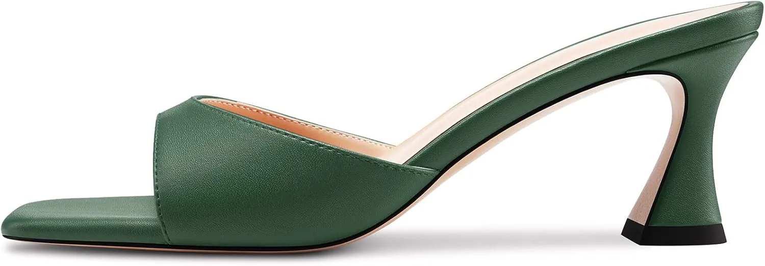 HEUIVZAR Women Mid Kitten Heel Peep Open Square Toe Mules Shoes Slip-on Office Party Cute 2.6 Inches Heels