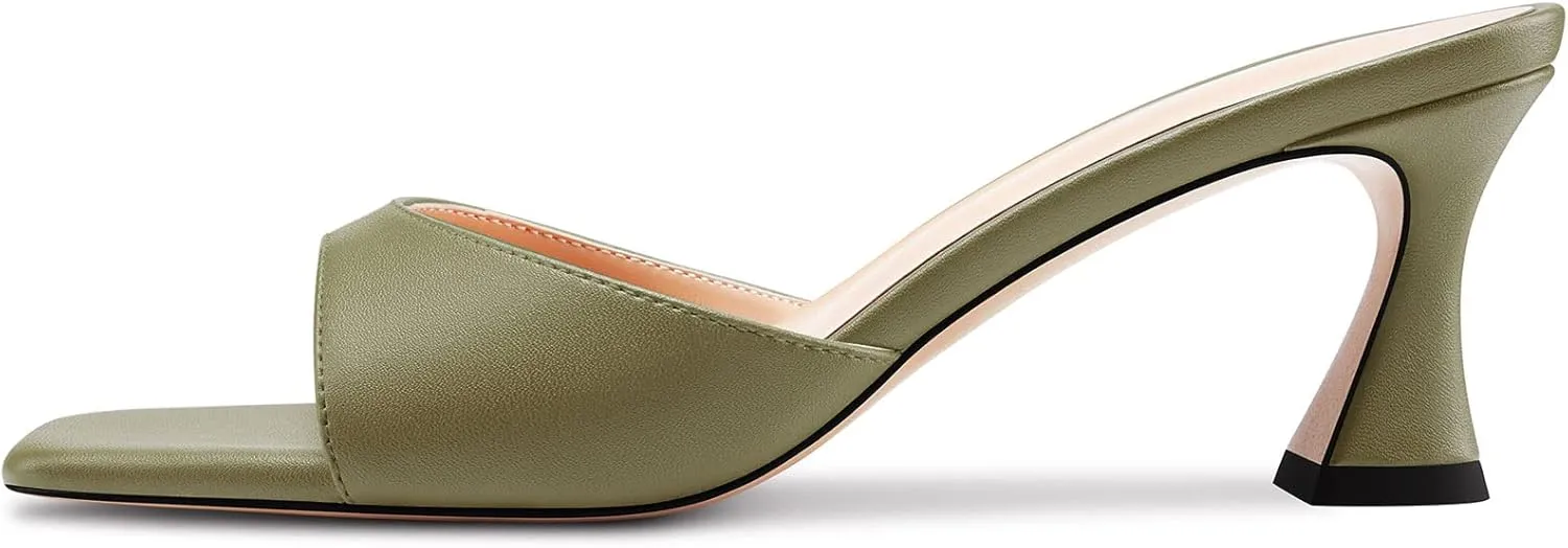 HEUIVZAR Women Mid Kitten Heel Peep Open Square Toe Mules Shoes Slip-on Office Party Cute 2.6 Inches Heels