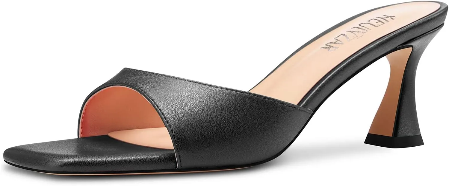 HEUIVZAR Women Mid Kitten Heel Peep Open Square Toe Mules Shoes Slip-on Office Party Cute 2.6 Inches Heels