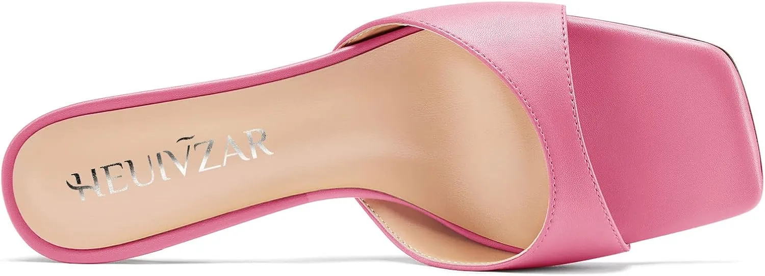HEUIVZAR Women Mid Kitten Heel Peep Open Square Toe Mules Shoes Slip-on Office Party Cute 2.6 Inches Heels
