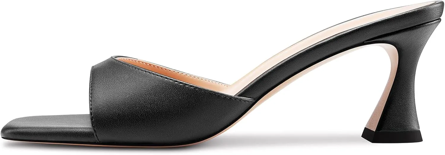 HEUIVZAR Women Mid Kitten Heel Peep Open Square Toe Mules Shoes Slip-on Office Party Cute 2.6 Inches Heels
