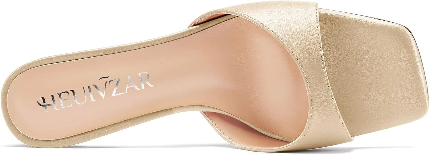 HEUIVZAR Women Mid Kitten Heel Peep Open Square Toe Mules Shoes Slip-on Office Party Cute 2.6 Inches Heels