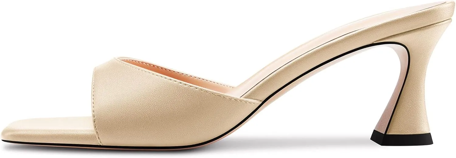 HEUIVZAR Women Mid Kitten Heel Peep Open Square Toe Mules Shoes Slip-on Office Party Cute 2.6 Inches Heels