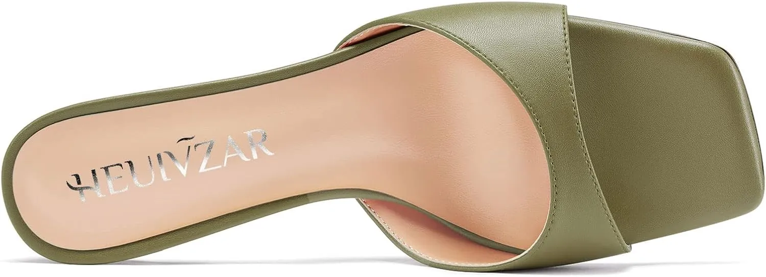 HEUIVZAR Women Mid Kitten Heel Peep Open Square Toe Mules Shoes Slip-on Office Party Cute 2.6 Inches Heels