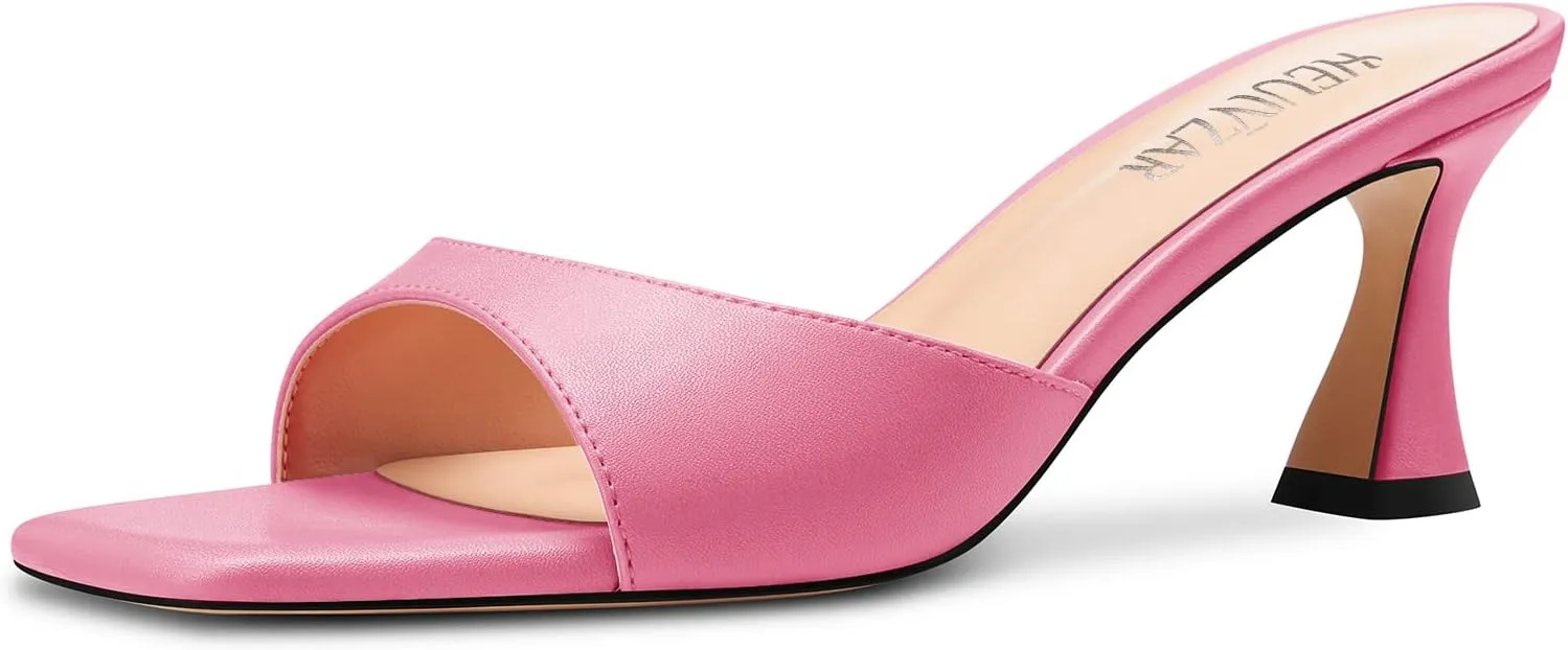 HEUIVZAR Women Mid Kitten Heel Peep Open Square Toe Mules Shoes Slip-on Office Party Cute 2.6 Inches Heels