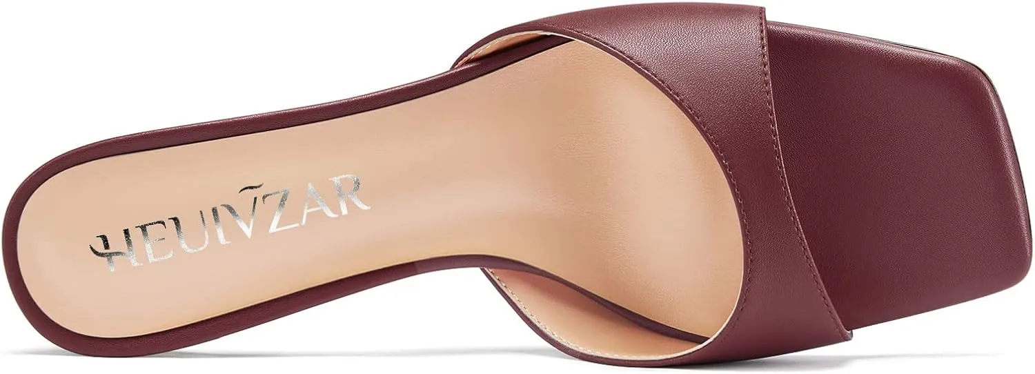 HEUIVZAR Women Mid Kitten Heel Peep Open Square Toe Mules Shoes Slip-on Office Party Cute 2.6 Inches Heels