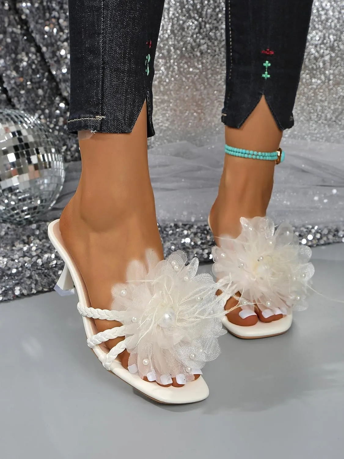 High Heel Mules for Women, Rhinestone Butterfly Strap Sandals with Emerald Gemstone, 2.75inch Slim Heel Party Shoes for Evening Gowns & Formal Events